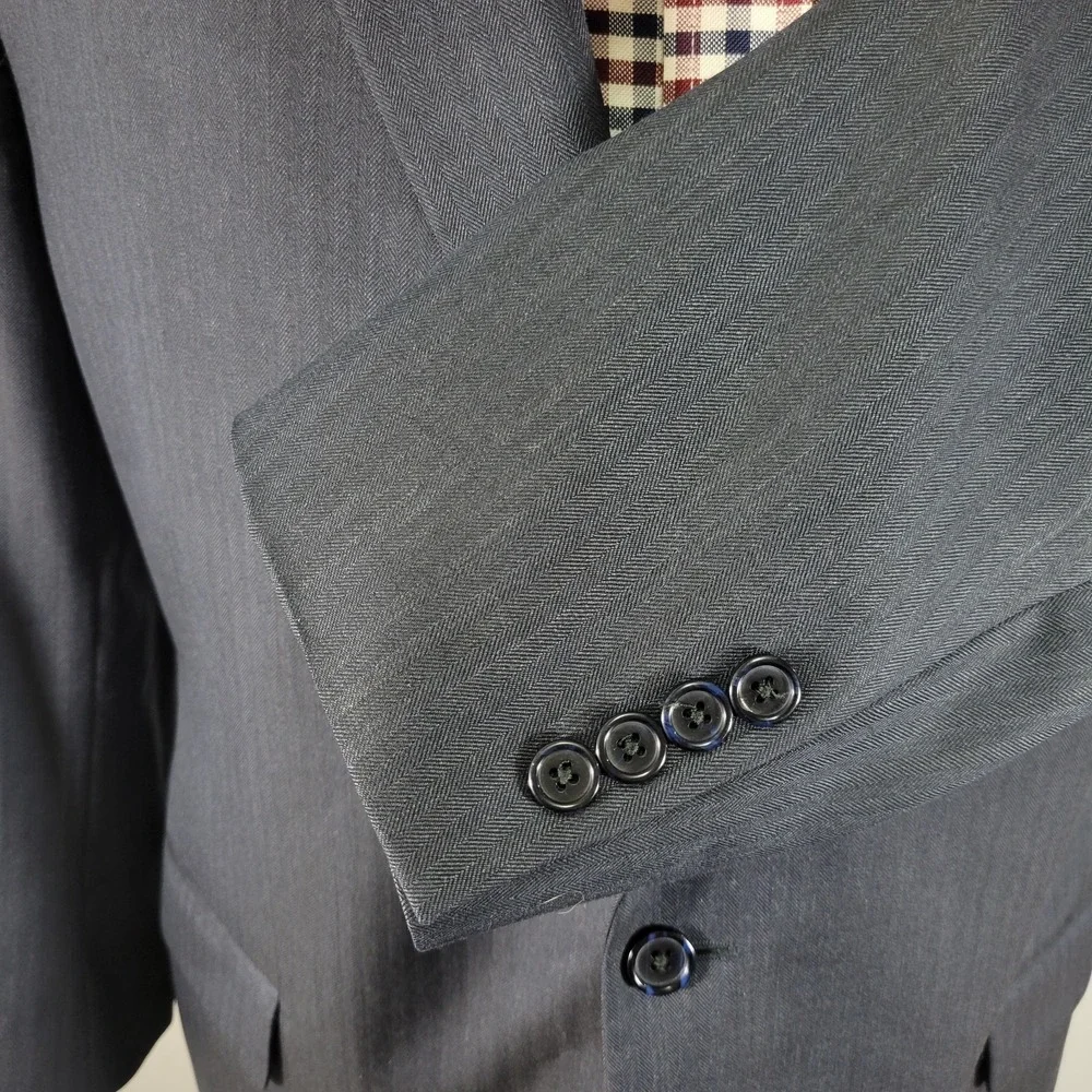 Tom James Men's Sport Coat Blazer‎ Two Button Navy Blue Wool Herringbone 44S